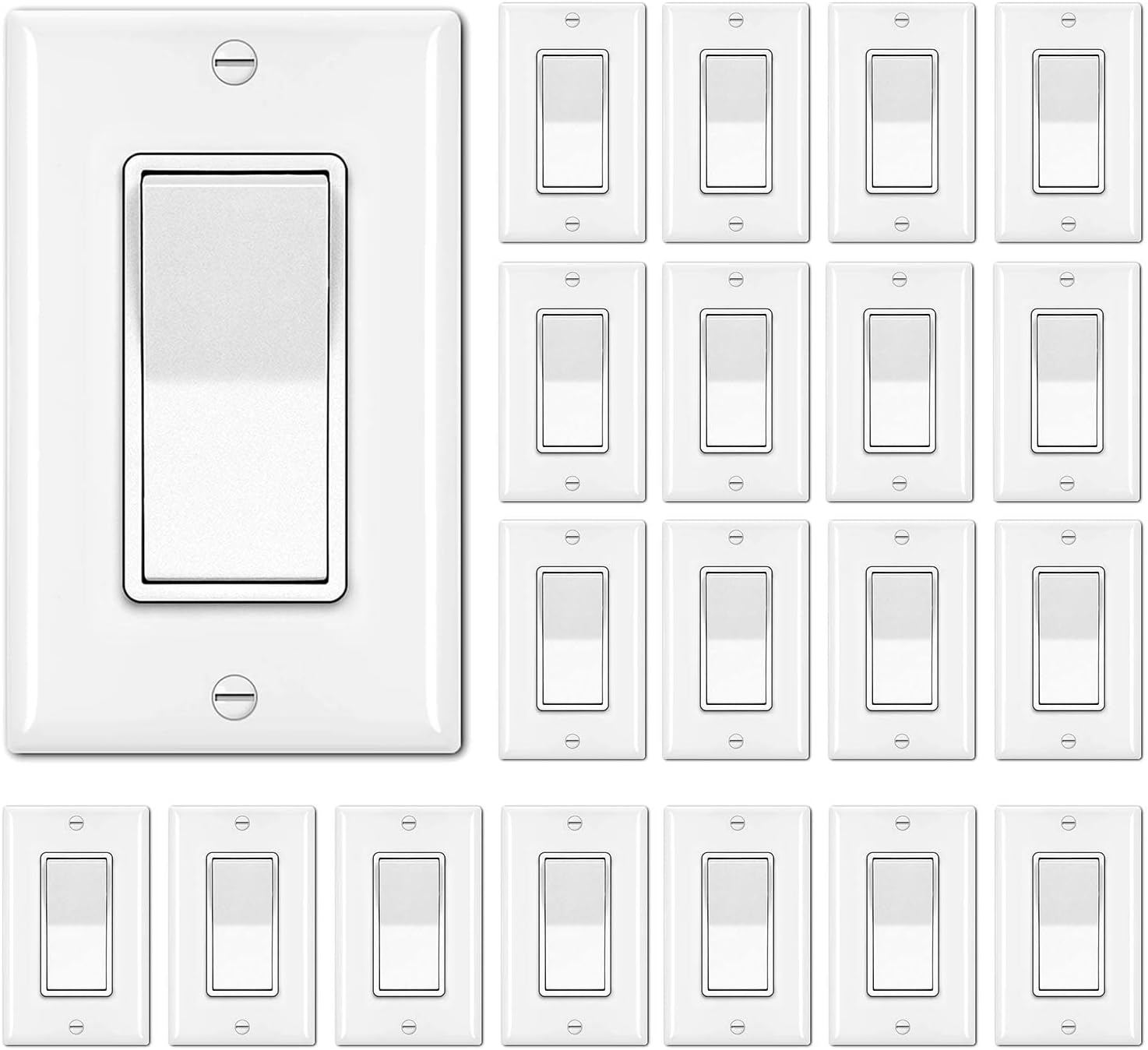BESTTEN 20 Pack Single Pole Decorator Wall Light Switch with Wallplate, 15A 120/277V, On/Off Rocker Paddle Interrupter, UL Listed, White