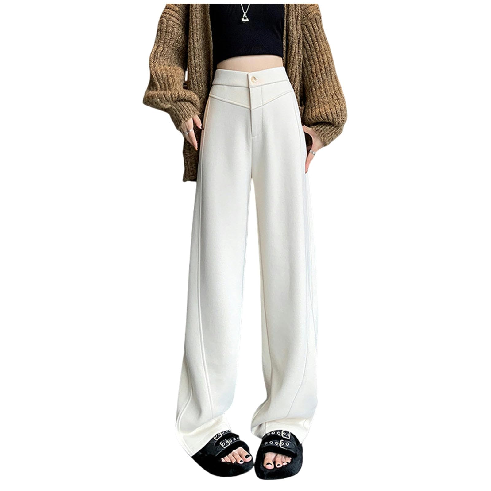 Pantalone Donna Pantaloni di Banana Peluche per Donne Autumn E Pantaloni Invernali A Gamba Larga Drapo in Alto-Rice White (più Velluto)-l