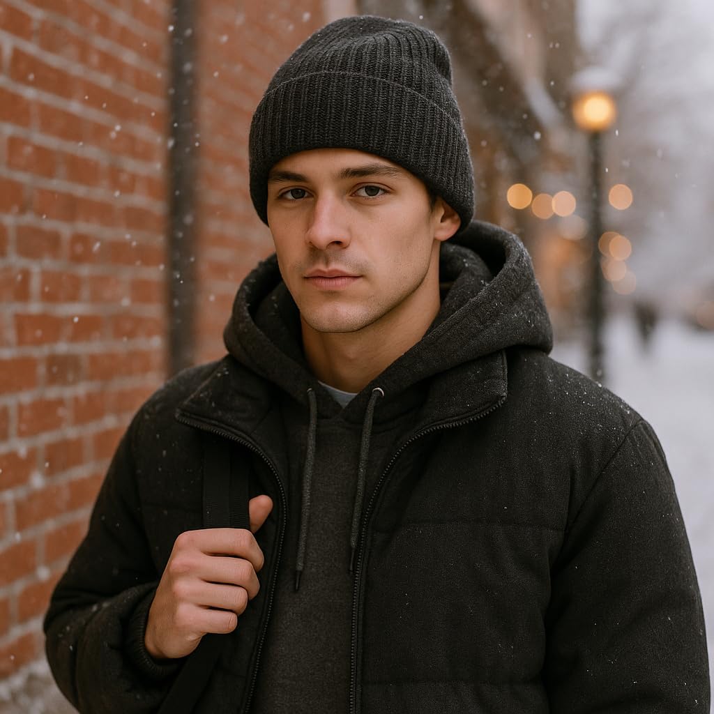 M/L/XL/XXL Merino Wool Beanie for Men & Women, Oversize Fleece Lined Warm Winter Double Layered Stylish Knit Cuffed Ski Hat - Image 3