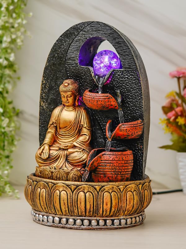 Image of Golden Brown Polyresin Tabletop Buddha 4 Step Indoor Water Fountain for Home Decor with LED, Speed Control Pump (Size: 24 x 18 x 36 CM | Weight: 1740Gram)