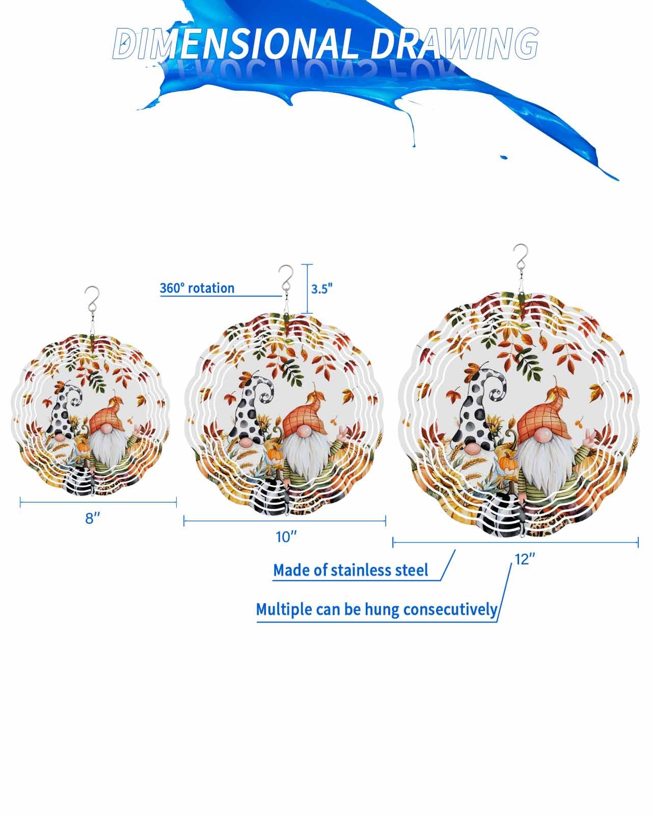 Fall Wind Spinners, Pumpkin Cute Gnome Sunflower Wheat Hanging Wind Spinners for Yard and Garden 3D Stainless Steel Metal Sculptures Crafts Ornaments 10 Inch