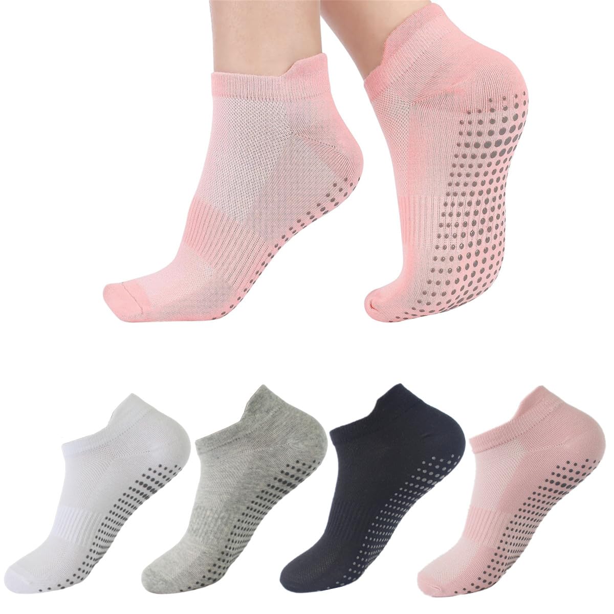 TouKingda 4 Pairs Non Slip Yoga Socks with Grip for Women, Colored Mesh Breathable Ankle Slipper Sock Anti-skid Sport Trainer Grippy Socks for Ballet Pilates Barre Dance Trampoline Home Exercise