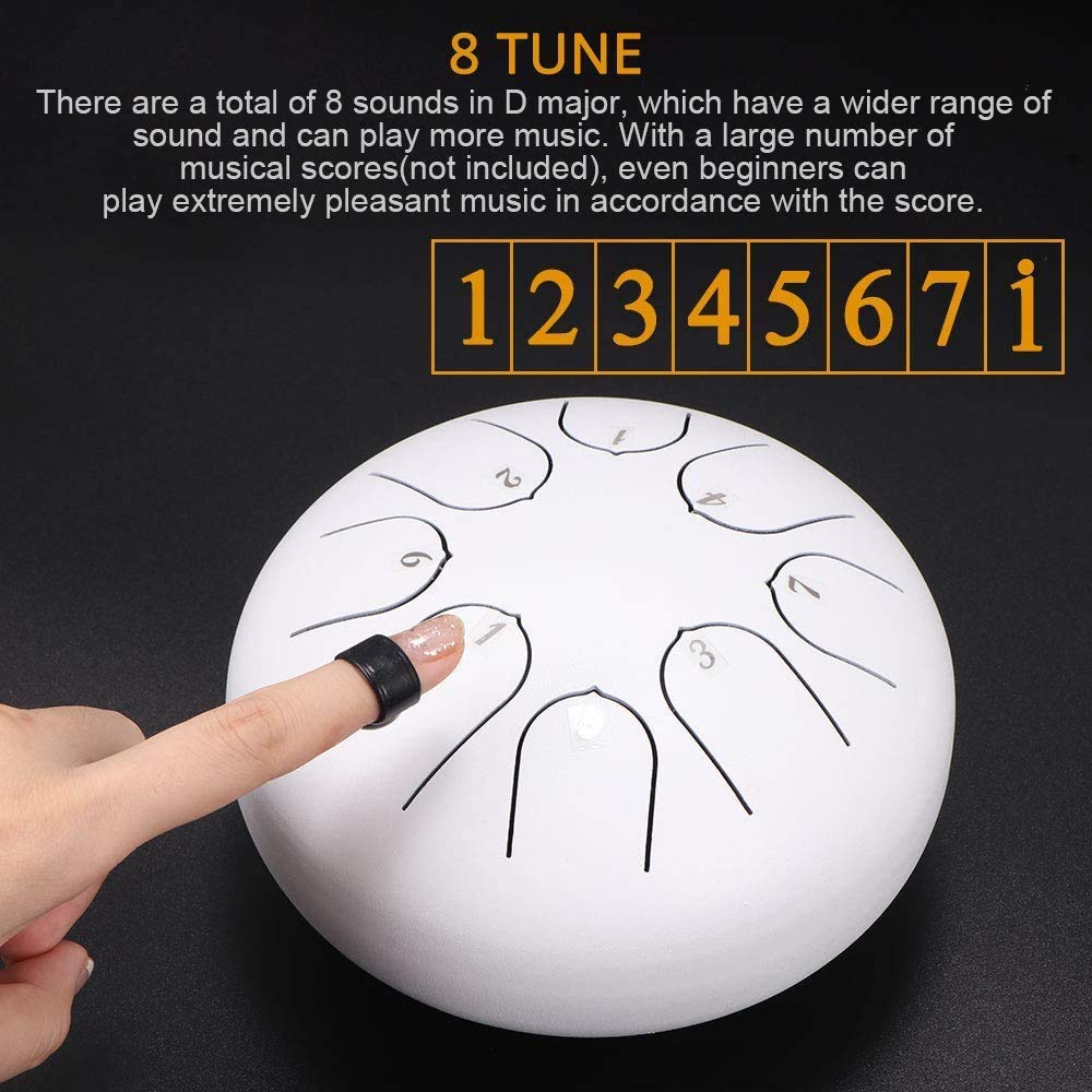 Steel Tongue Drum, 6 Inch Hand Pan Percussion Drum 8 Tune Percussion Instruments, Drum with Drumsticks & Carrying Bag, Tutorial Book, 4 Finger Picks (White)