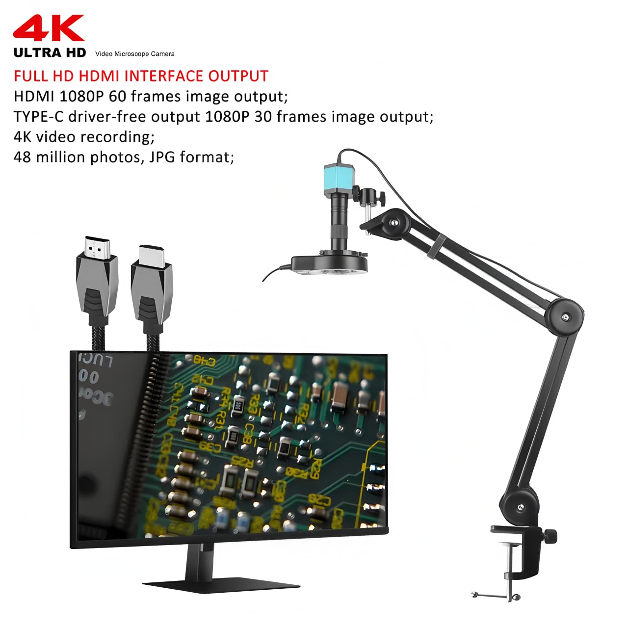 4K Microscope 48MP Digital Microscope For Electronics USB Industrial Cameras HDMI 1-150X Zoom C-Mount Lens Phone Pcb Soldering（C 13MP HDMI VGA）