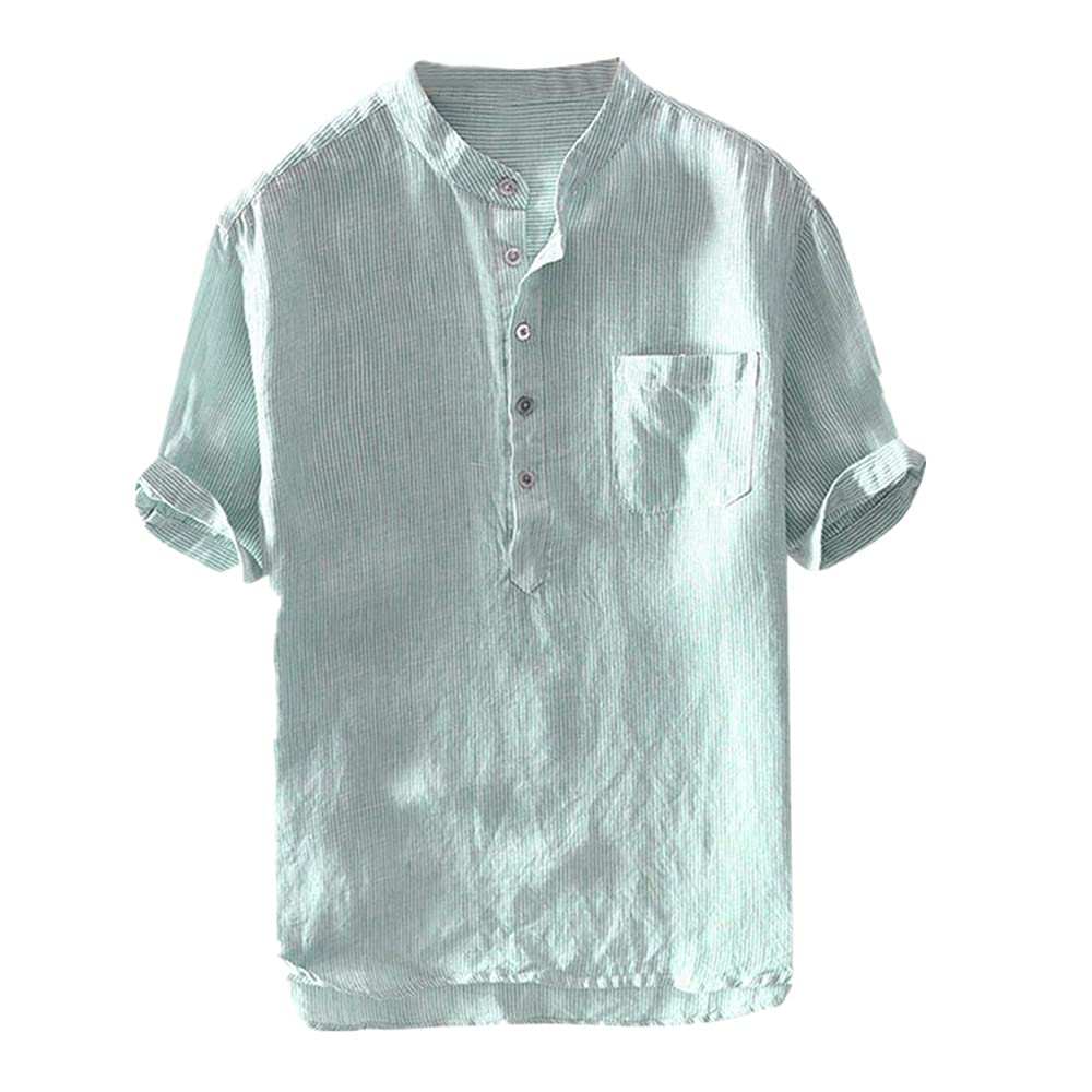 NP Men's Shirt Loose Striped Cotton and Linen Short-Sleeved Button Pocket Shirt Men