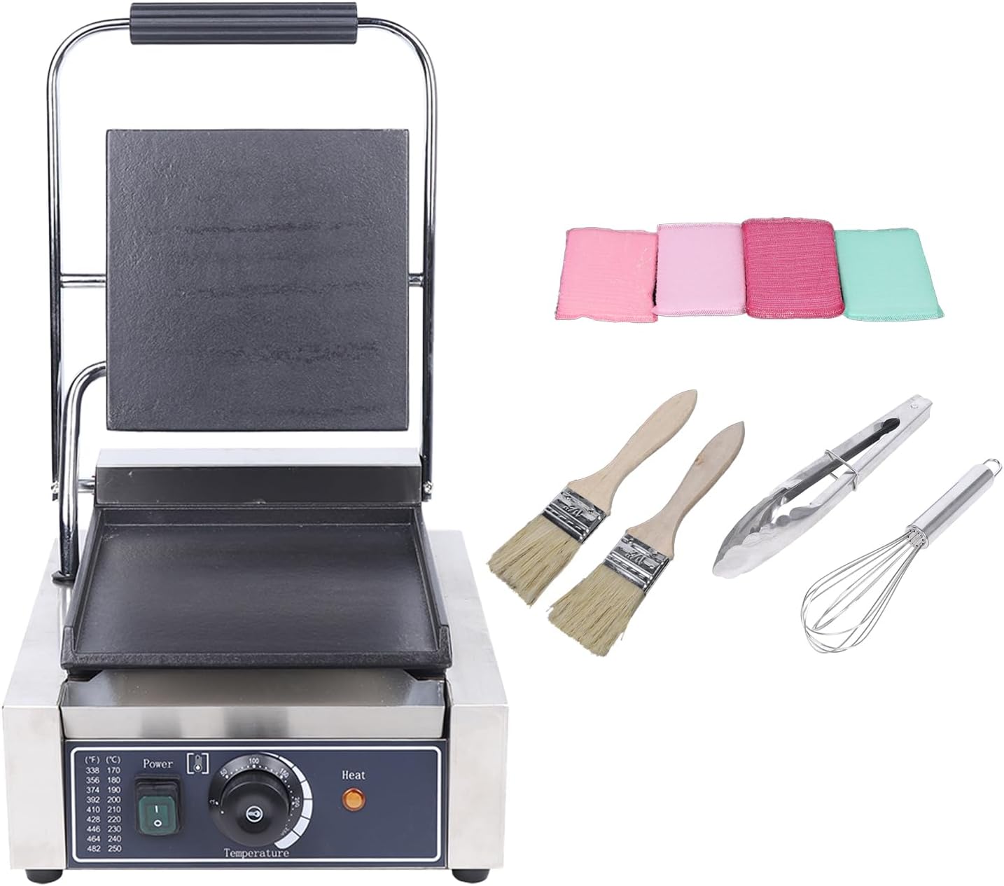 Commercial Single Panini Press, w/Temperature Adjustable & Non-stick Surface Electric Sandwich Panini Maker, Sandwich Steak Machine Full Slot Plate for Hamburgers, Steaks, Bacon(Silver,110V 1800W)