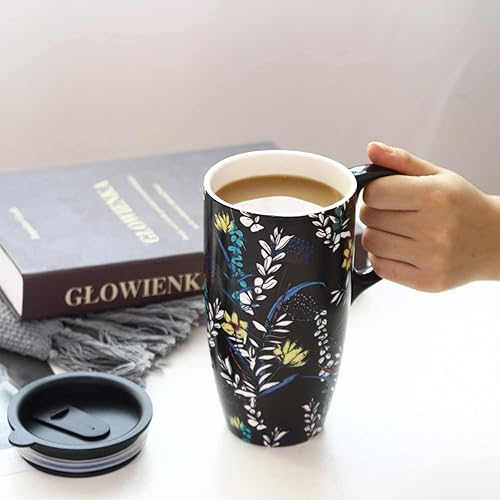 Miniatura 10 de DUSVALLY Taza de cerámica grande taza de café de viaje alto tazas de café de porcelana con tapa y asa, 17 onzas, paquete de 2