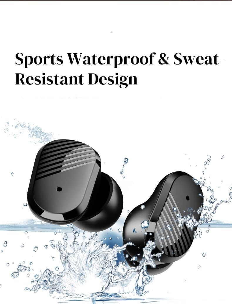 Echolabs 2025 Edition Wireless Earbuds with water splashes, indicating waterproof feature