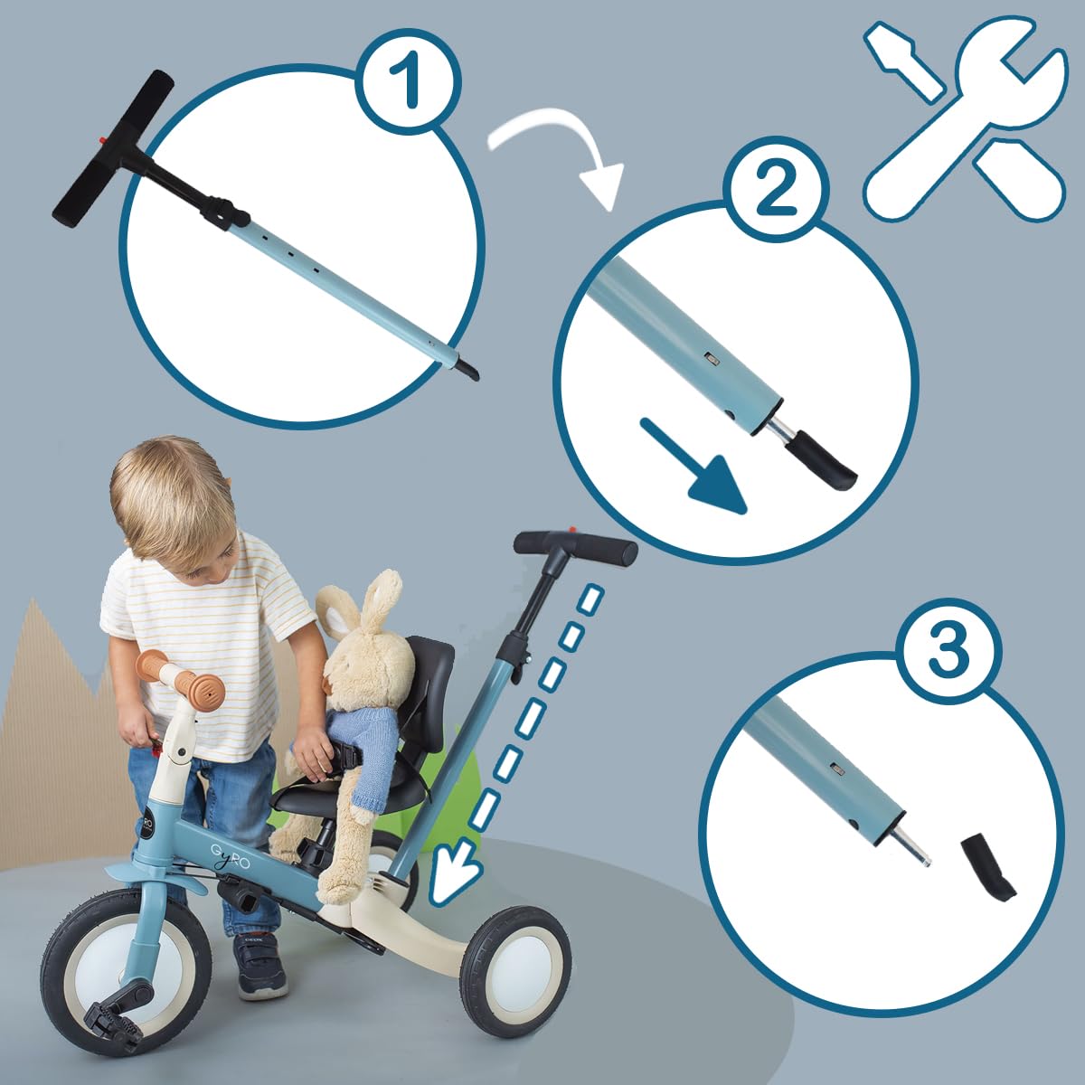 Olmitos - Triciclo Evolutivo de Bebé 5 en 1 GYRO + - Bicicleta Niños Desde 1 Año hasta 5 años - De Triciclo a Bicicleta con o sin Pedales – Adaptable y transformable (Gyro, Azul)