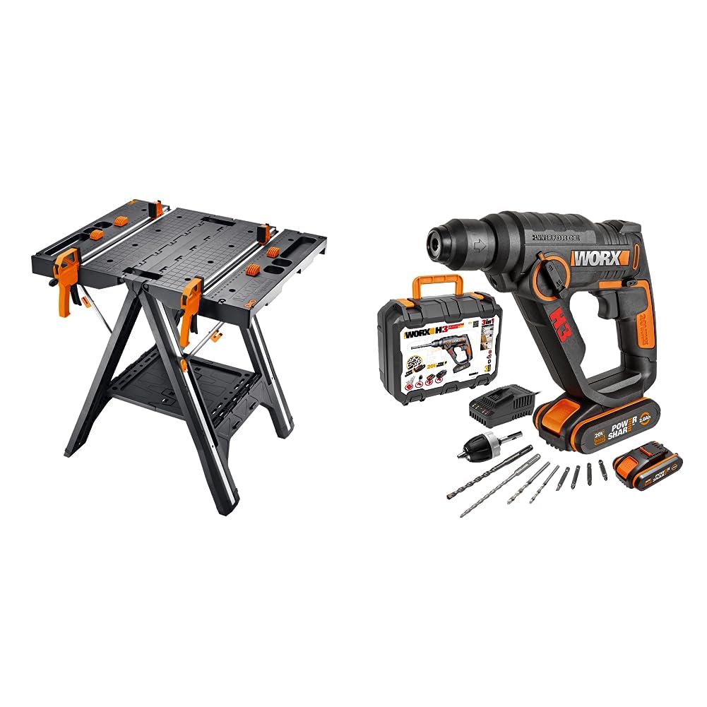 Pack Worx WX051 | WX390.1 | Mesa de Trabajo Plegable y Martillo Ligero SDS Plus | 2 baterías - 20V Máx. 2Ah | Cargador |
