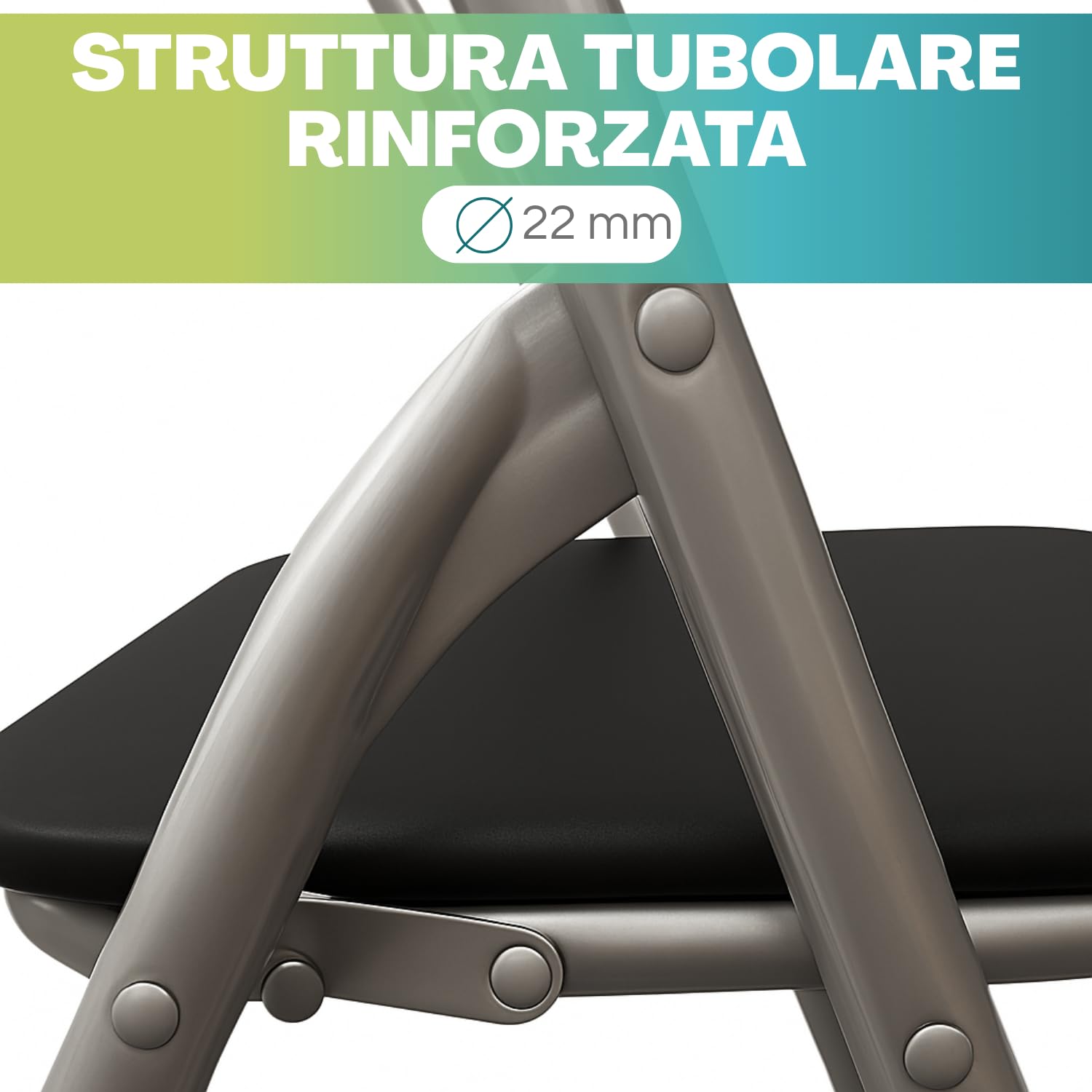 PALUPLUS Set 6 Sedie Flash Pieghevoli, misura aperta 44x47x82 cm, salvaspazio con struttura tubolare da 22 mm, seduta in PVC Imbottita e Piedi antiscivolo, per giardino, ufficio, campeggio (Nero)