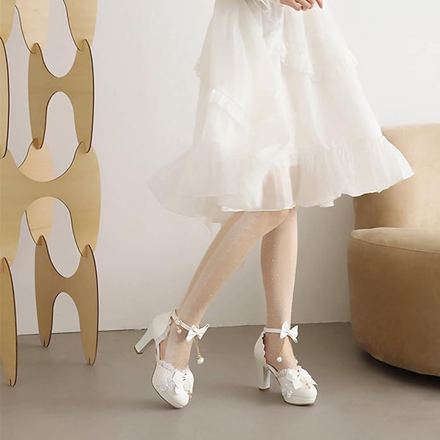 EXECAB Damen-Pumps mit süßem Schleife-Lolita-Prinzessin-Absatz, 9 cm Schnalle, Blockabsatz, Sandalen, klobige Anhänger-Schuhe, Hochzeits-Party-Abendschuhe