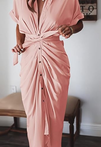 Miniatura 5 de Vestido largo camisero de manga corta con botones y cinturón para mujer, elegante, de satén