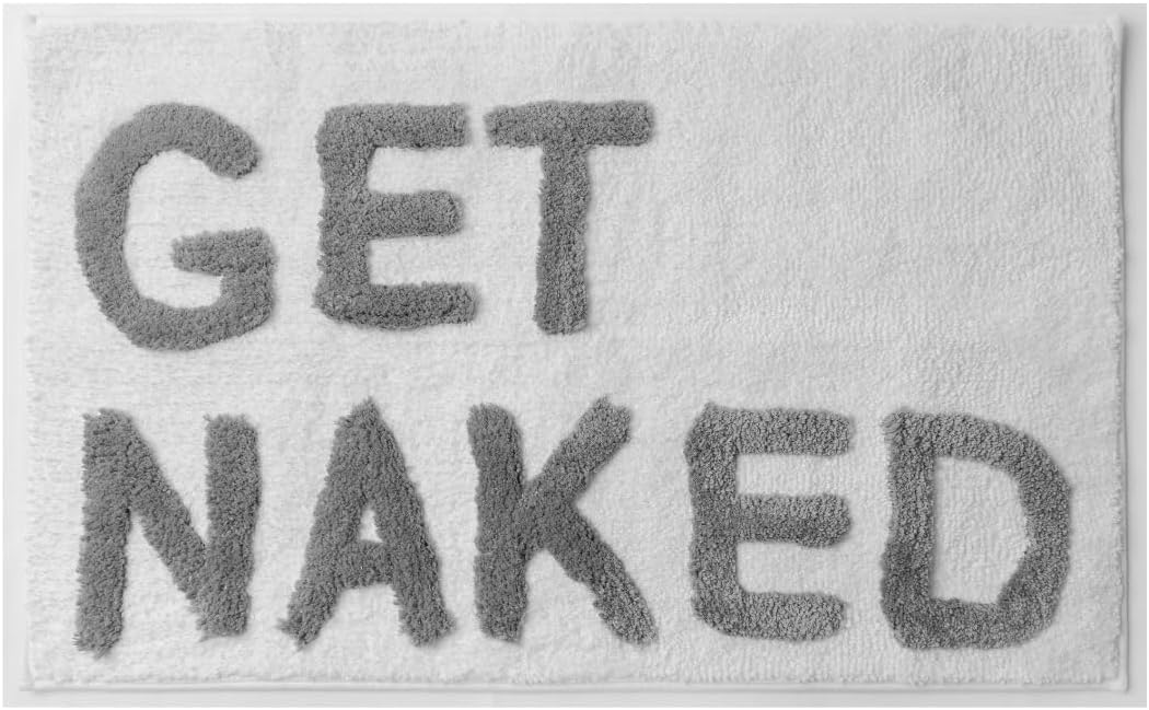 LABEND HOME Get Naked Bath Mat – Funny Bathroom Rug with Non-Slip Backing, Quick-Dry Tufted Microfiber, Machine Washable Bath Mat for Modern, Boho & Minimalist Bathroom Decor (White)