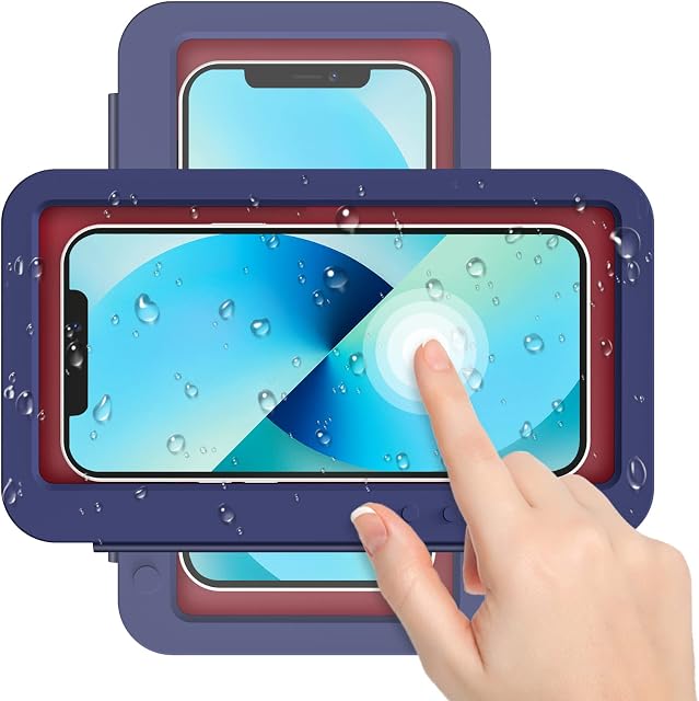 MoKo Shower Phone Holder Waterproof, Anti-fog Wall Mount Phone Holder for Bathroom Kitchen 180°Free Rotation Screen Touchable Bathroom Smartphone Holder Fits with Universal Smartphone up to 6.8", Blue