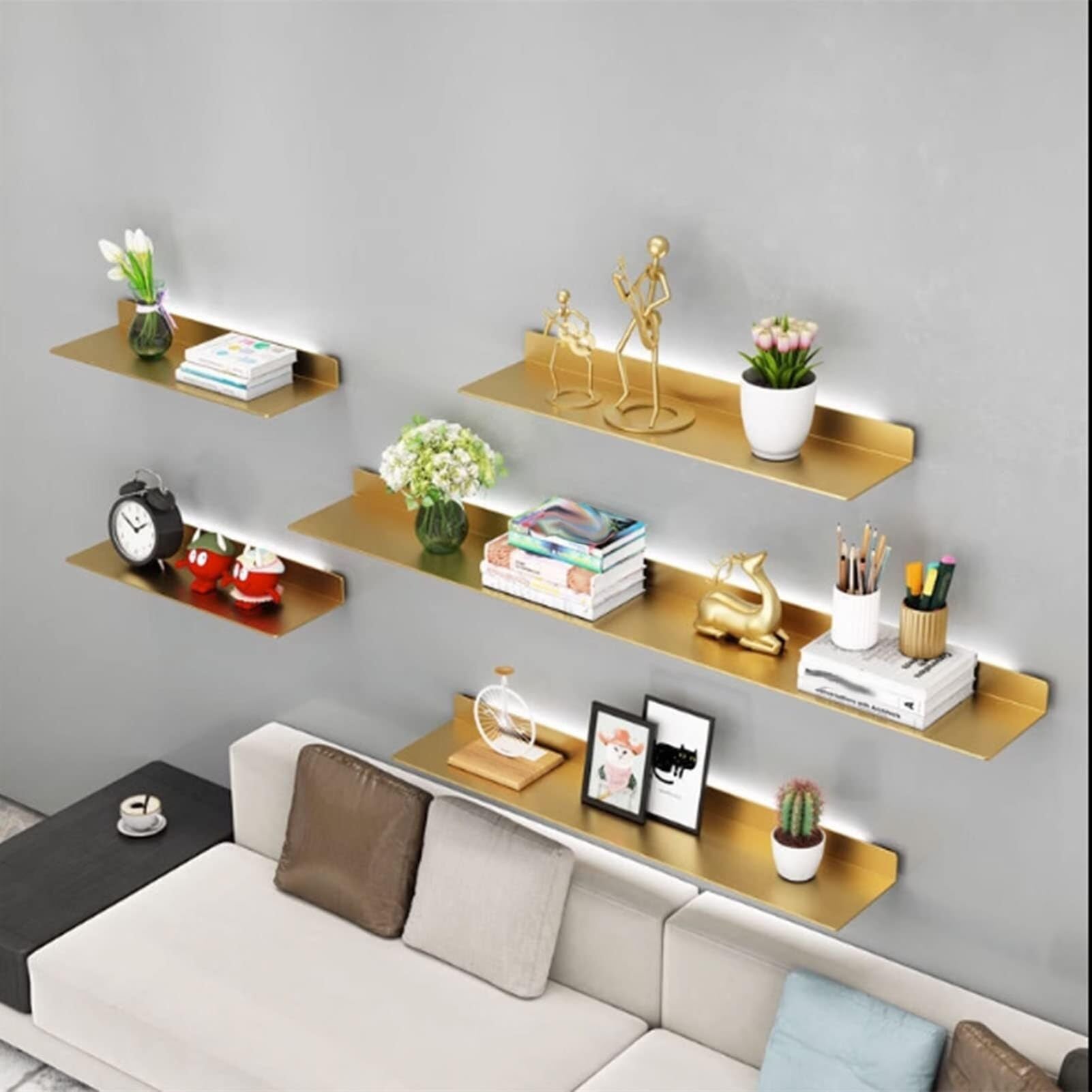 TYUHDUYUR Floating Wall Shelves with LED Warm Light,Double Sided Wall Mounted Floating Shelf Free Combination Light-Emitting Shelves (Gold 60cm) (Gold 80cm)