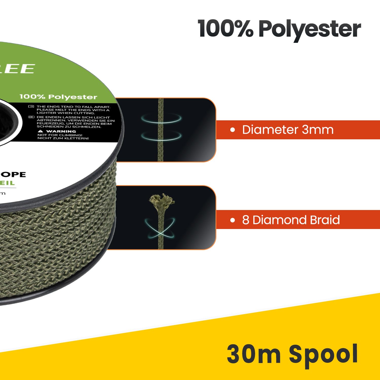 Brotree Polyester Rope 3mm x 30m Army Green - Diamond Braided Rope Cord Low Stretch - 100KG Breaking Load - Image 4