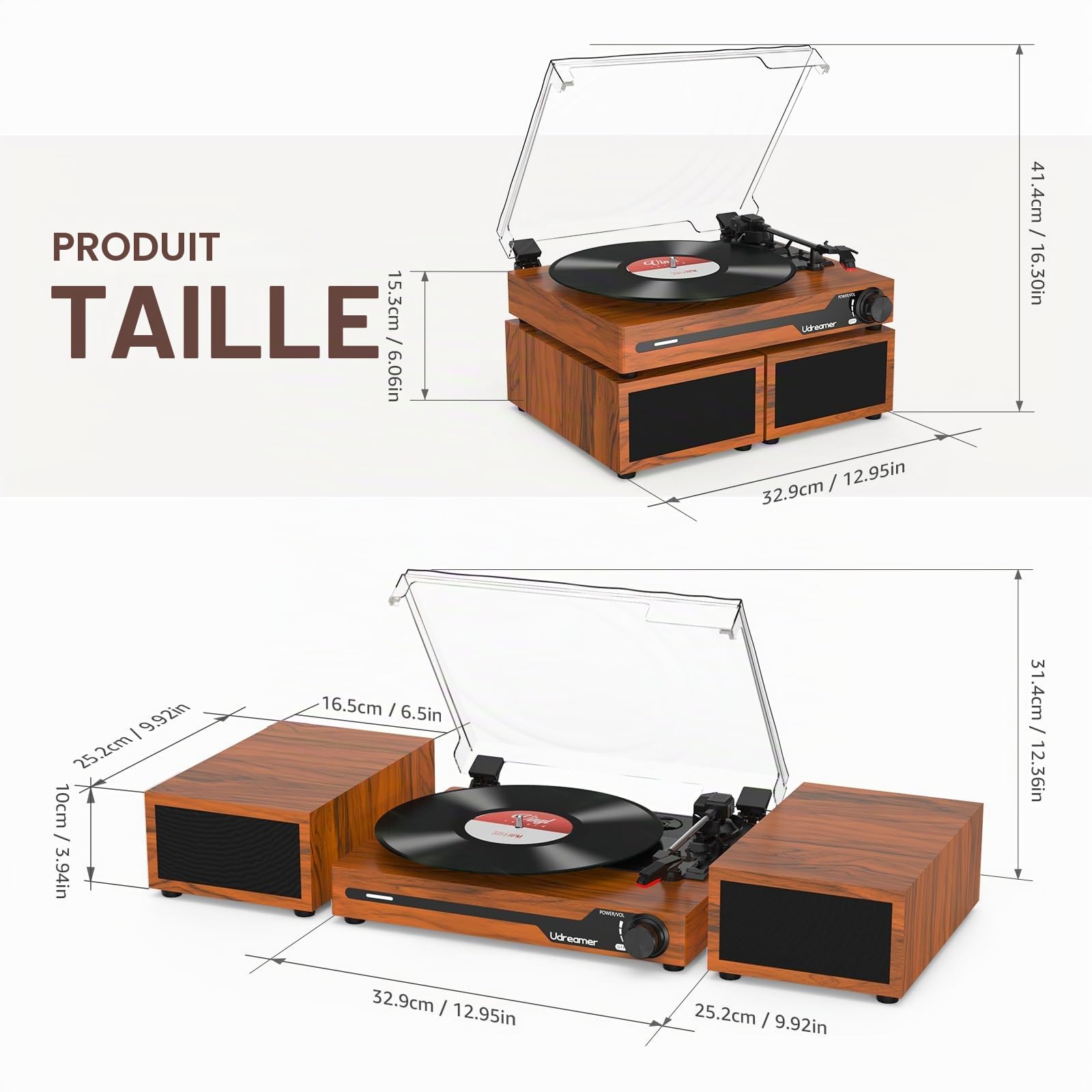 Udreamer Platine Vinyle avec 2 Haut-parleurs Stéréo Doubles, Vintage Tourne-disqu Bluetooth 5.3 Prend en Charge 3 Vitesses, Entrée Auxiliaire, Ligne RCA, USB,Lecture sans Fil, Marron
