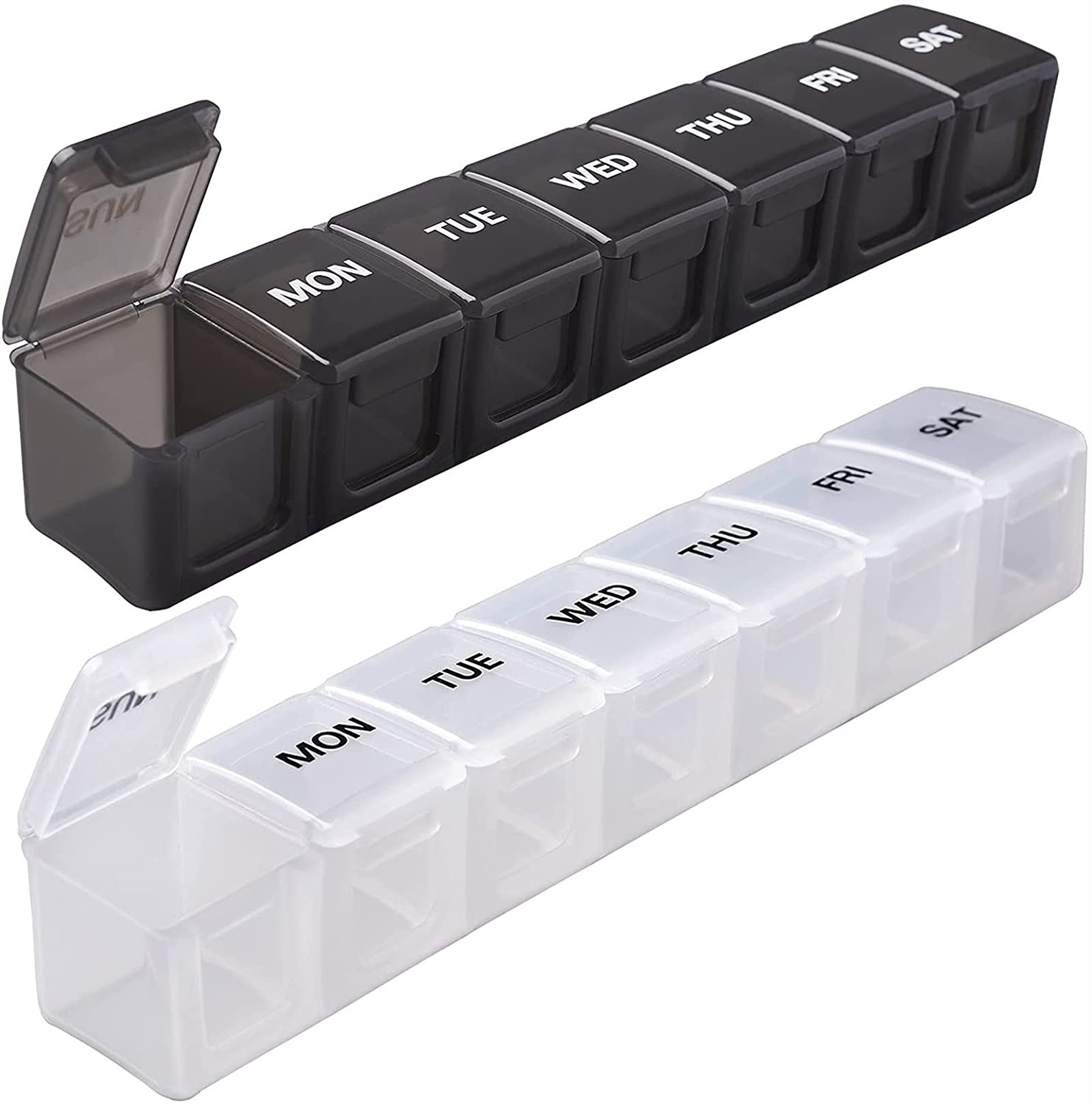 Caja de pastillas portátil RJJ con 7 células para organizar medicamentos en color blanco y negro