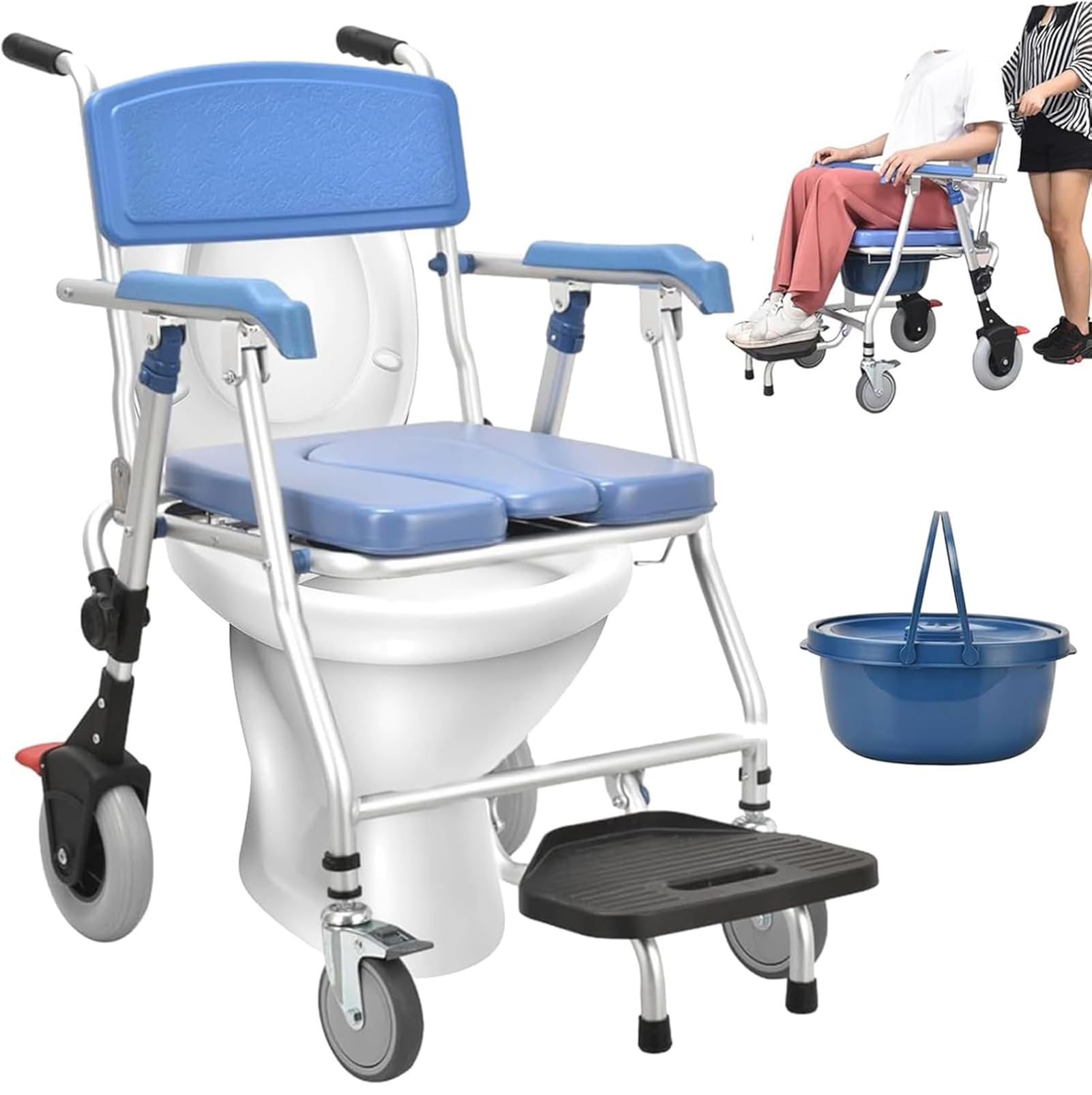 Sedia Da Doccia Con Rotelle, Sedia Doccia Per Anziani, Multifunzione Sedia a Rotelle Con Schienale Bracciolo E Secchio WC, Sedia Doccia Pieghevole Con Ruote Per Doccia Disabili