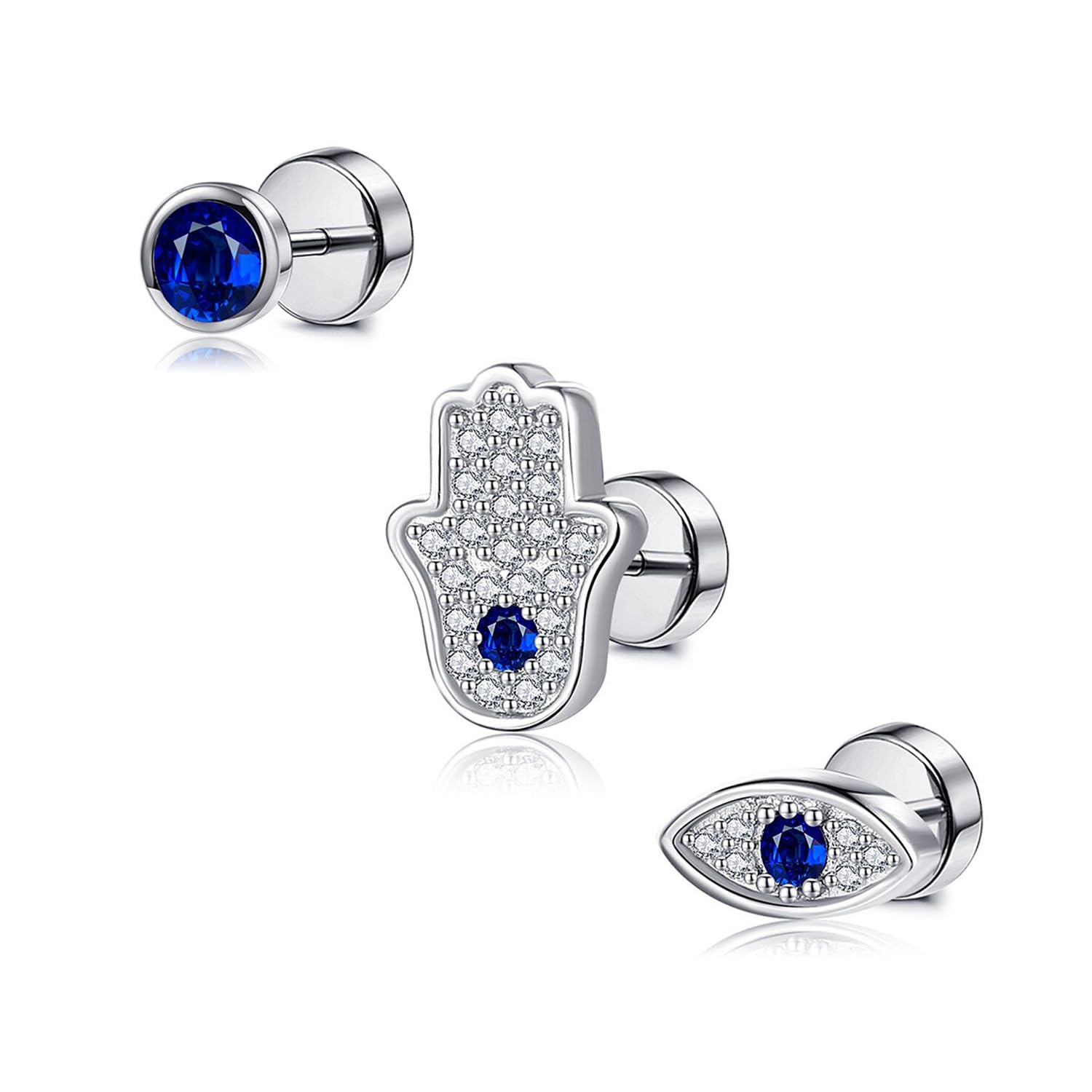Pendientes de mal de ojo Plata 925 Nazar Eye Studs Cierre plano Mano de Fátima Flatback Studs Evil Eye Jewelry