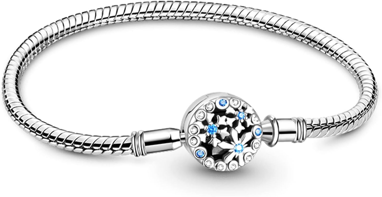 GNOCE Sparkling Snowflake Basic Snake Chain Bracelet 925 Sterling Silver Love Mom Charms Bracelet Jewelry Gift for Women Wife