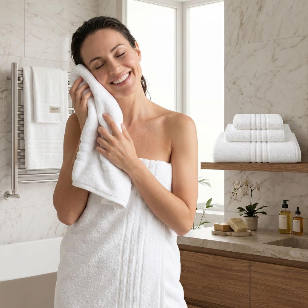 NARCISO - Set Asciugamani Bagno 12 Pezzi per Hotel, B&B e Casa in Cotone, Asciugamani Bianchi Classici (4 Viso, 4 Doccia, 4 Ospite) Bath Towels ad Alta Assorbenza (4 Tris)