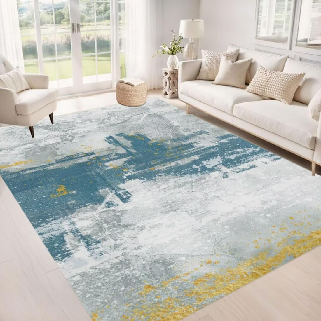 Tapis poil court anti-poussière bleu gris jaune lavable 90x160