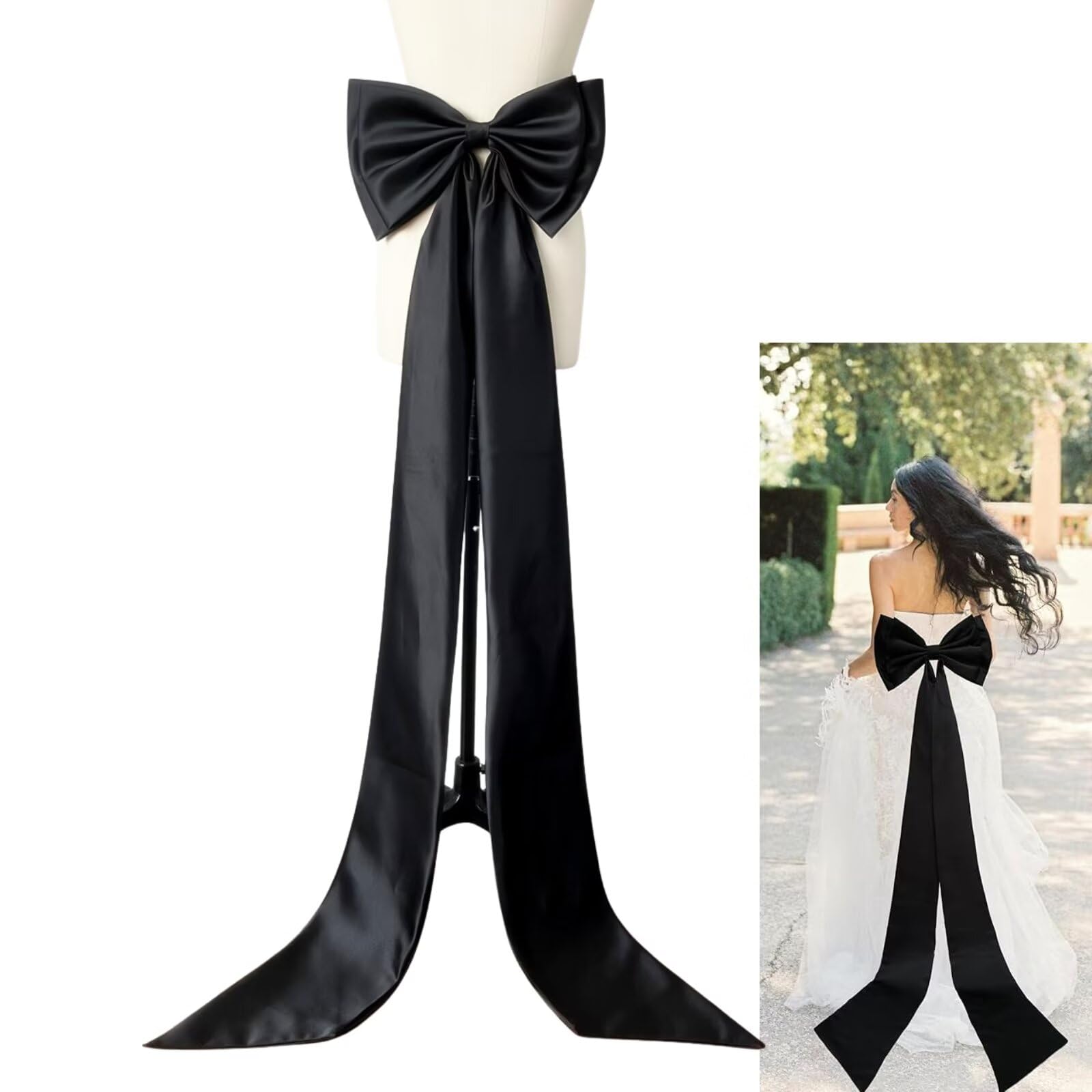 Ceinture extra-longue en satin avec gros nœud, 140 cm, noire
