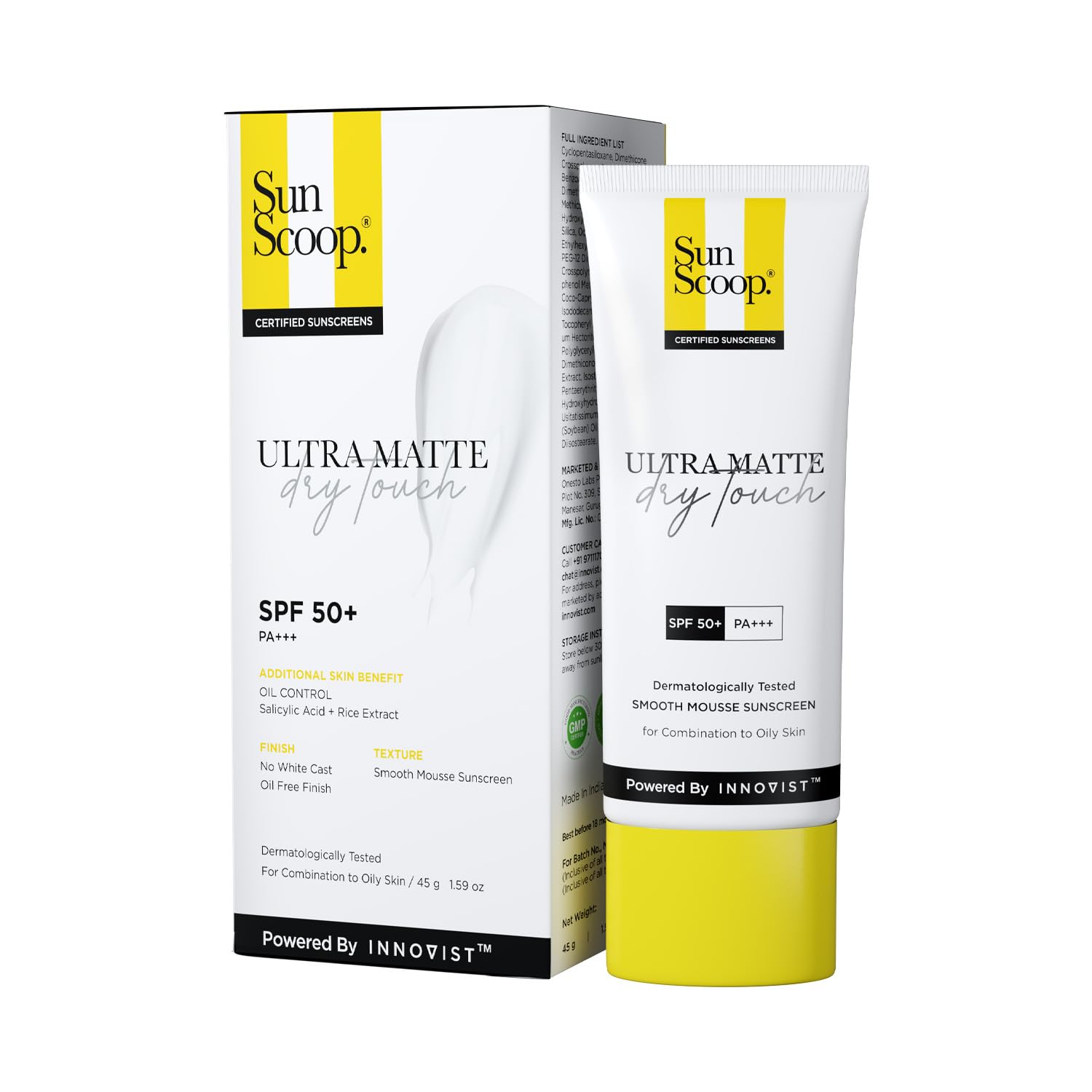 SunScoop Ultra Matte Dry Touch Sunscreen SPF 50 PA+++ | Matte Finish | Zinc Oxide & 0.1% ww Salicylic Acid for Oily Acne Prone Skin | Broad Spectrum, Non Comedogenic & No White Cast | Unisex | 45gm