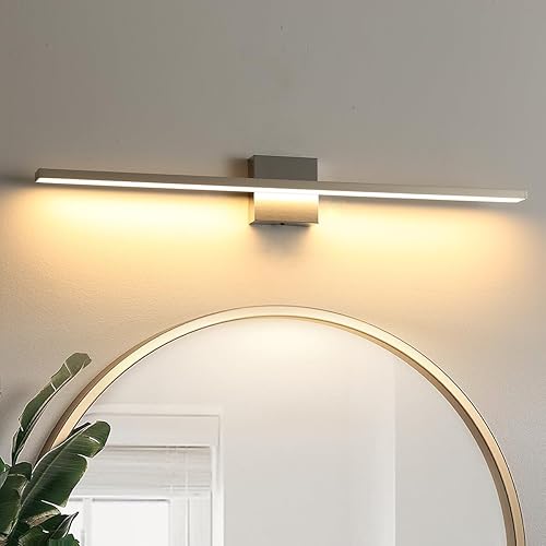 Miniatura 4 de Lámparas de baño sobre espejo, 32 pulgadas níquel cepillado, lámpara LED moderna de pared de 3000 K para baño