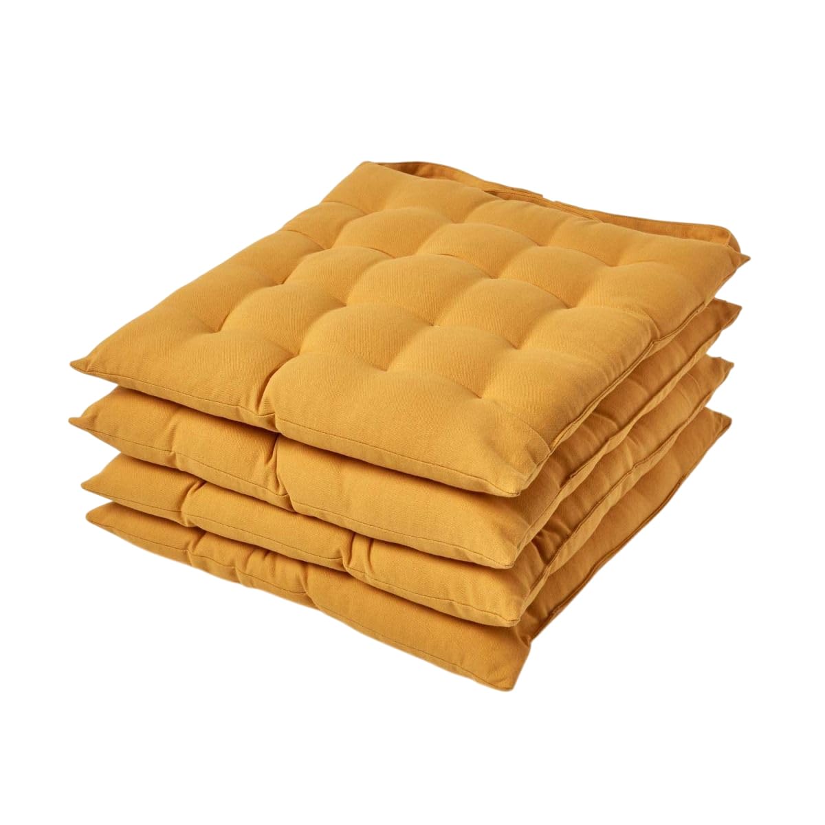 HOMESCAPES Mustard Yellow Seat Pads for Dining Chair, Set of 4 100% Cotton Chair Pads with Straps, 40x40 cm