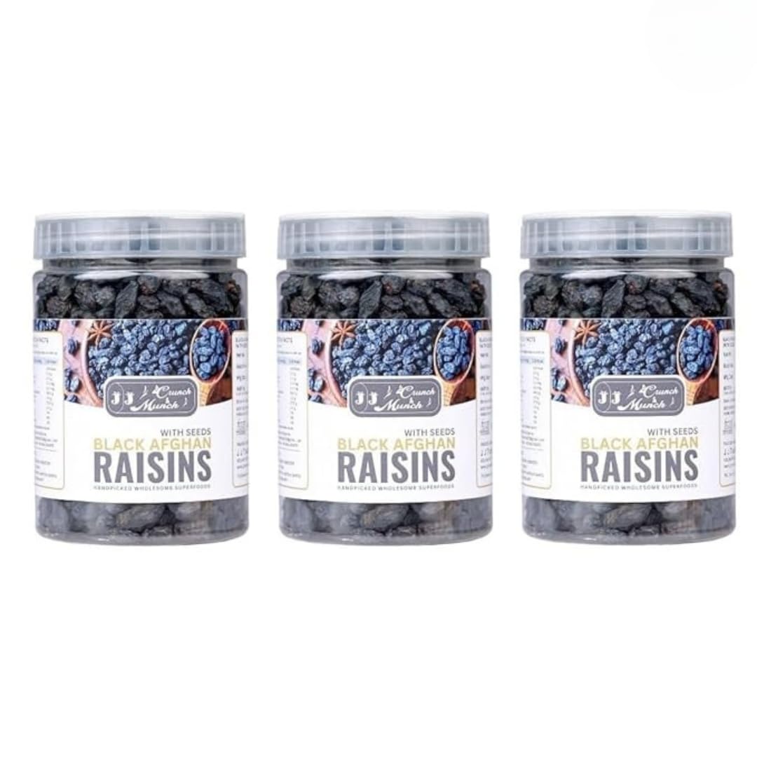 J J CRUNCH N MUNCH Pasas Negras Afganas Naturales, Sin Semillas, 750 g, Paquete de 3