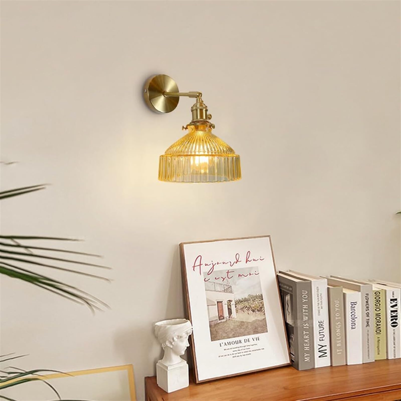 Applique da Parete Vintage a 1 Luce con Paralume in Vetro a Strisce, Lampada da Parete in Ottone Regolabile a 180 Gradi, Lampada da Parete per Interni cablata con Interruttore per Comodino, camer
