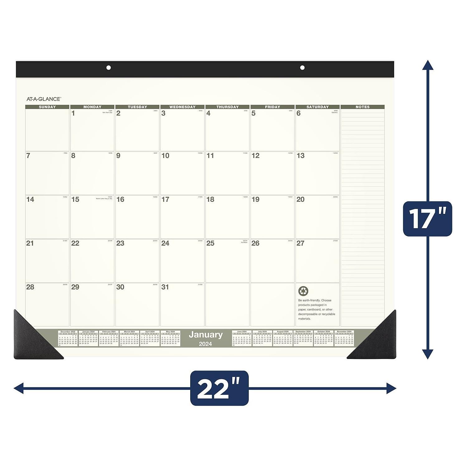 2024 AT-A-GLANCE® Recycelter Monatskalender für Schreibtischunterlage, 55,9 x 43,2 cm, 100 % recycelt, Januar bis Dezember 2024, SK32G00