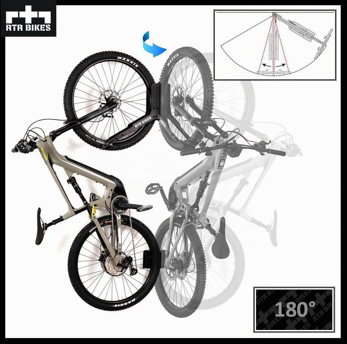 RTR BIKES Kranked Twist Soporte Bicicleta Pared Giratorio – Colgador Vertical Rotativo 180° – para E-Bikes y MTB hasta 30kg – Ruedas 24-29" – Ahorra Espacio – Hecho en UE