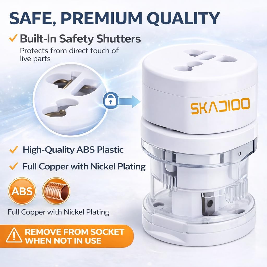 SKADIOO Universal Charger Adapter | 2 Years Warranty, 240V | Universal Travel Adapter All in One, International Travel Adapter for 150+ Countries, Ideal for Worldwide Travel (White, Set of 1) — Amazon image 5