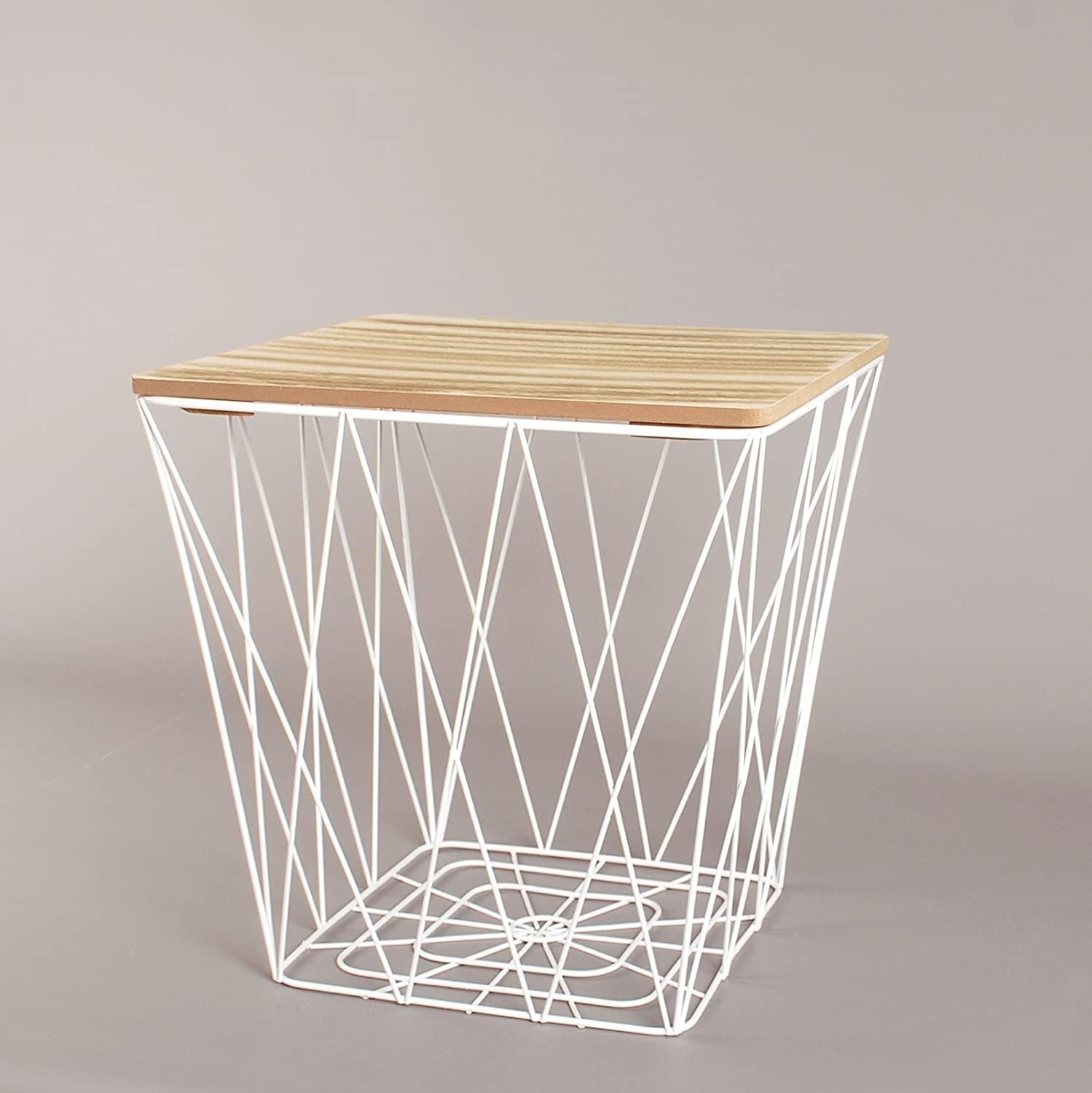 HOMION Retro Metal Wire Square Wood Top Storage Side Table Basket Home