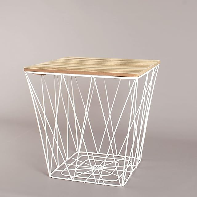 Retro Metal Wire Square Wood Top Storage Side Table Basket Home Furniture (White)