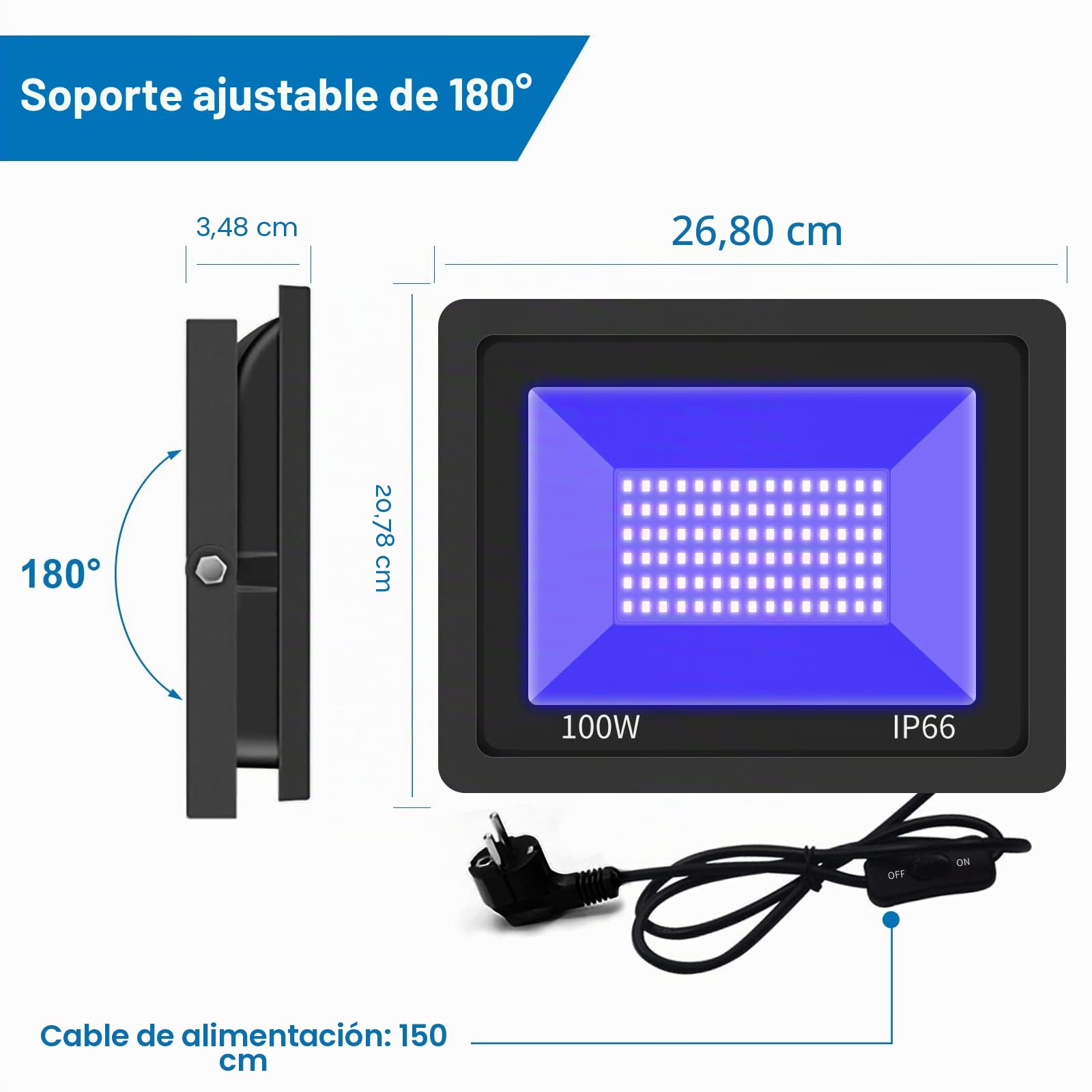 Eleganted 365nm Luz Negra Ultravioleta,100W Foco LED UV IP66 Impermeable Luces Ultravioleta para Fluorescente Pintura,Pinta Corporal,Halloween,GLOW Fiesta,Neón,DJ