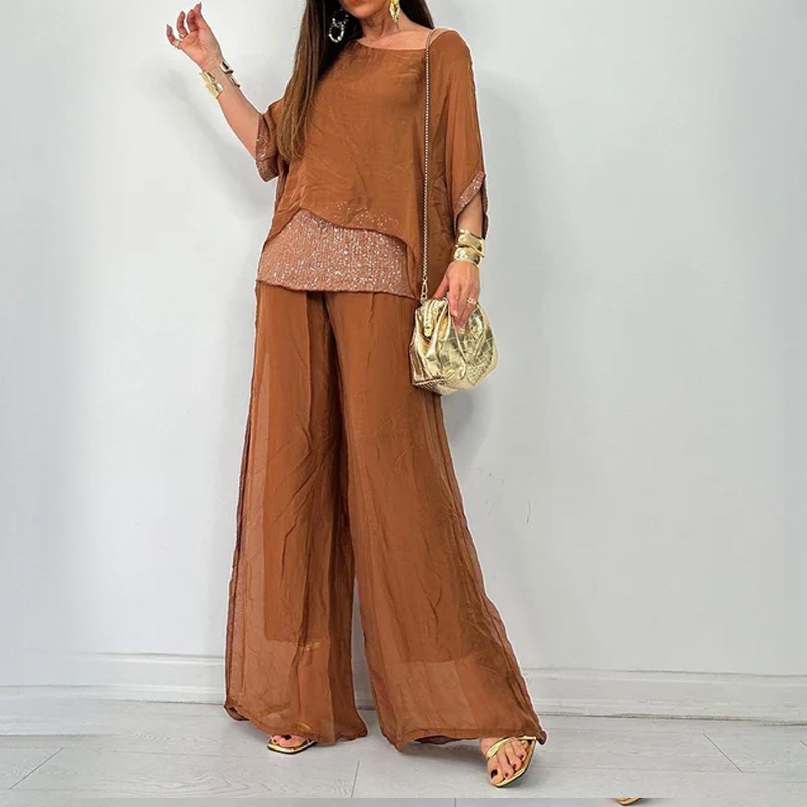 2024 Sommer-Chiffon-Pailletten, lässiger Anzug für Damen, elegante Chiffon-Hose mit weitem Bein, zweiteiliges Set, Hosenanzüge für Damen, Hochzeit