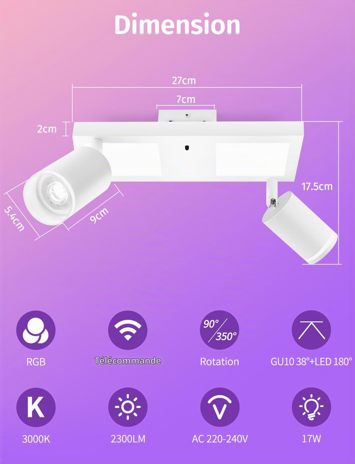 YindaLux Plafonnier LED 2 Spots avec Télécommande, RGB 17W 2300LM Spots de Plafond GU10 Orientable, Blanc Plafonnier Spot avec Lueur Inférieure 7W+2x5W GU10 pour Salon Cuisine Chambre