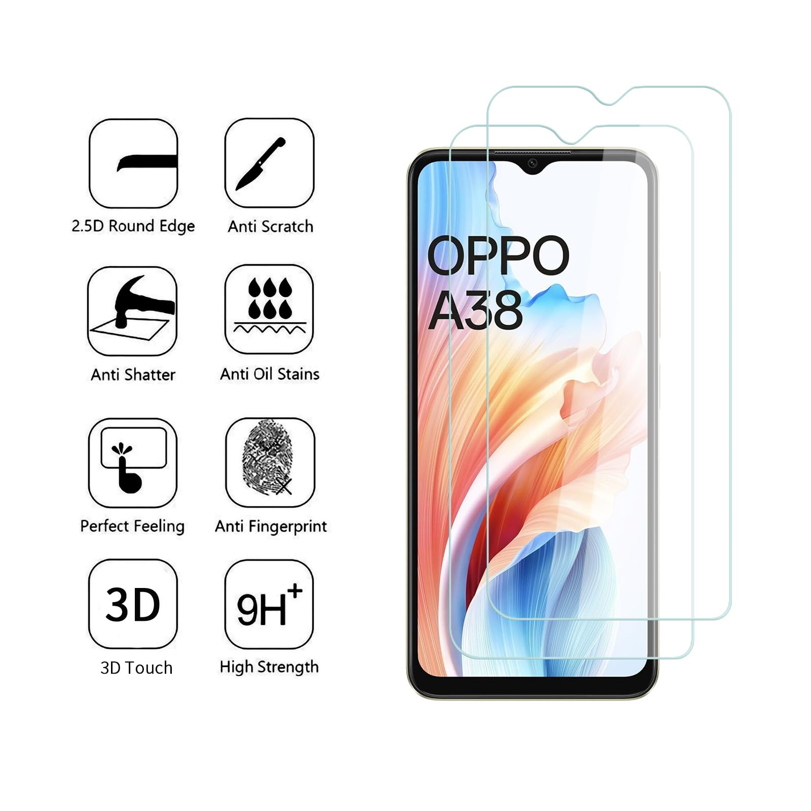 ZXLZKQ Custodia per Oppo A38 (6.56 ) + 2 X Pellicola in Vetro Tempera