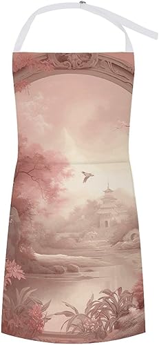 MUSM Apron for Adults - 27.6 X 31.5 Inch, Heavy-Duty Polyester Aprons with Two Large Pockets, Waterproof Retro Peach Flowers Kitchen Apron for