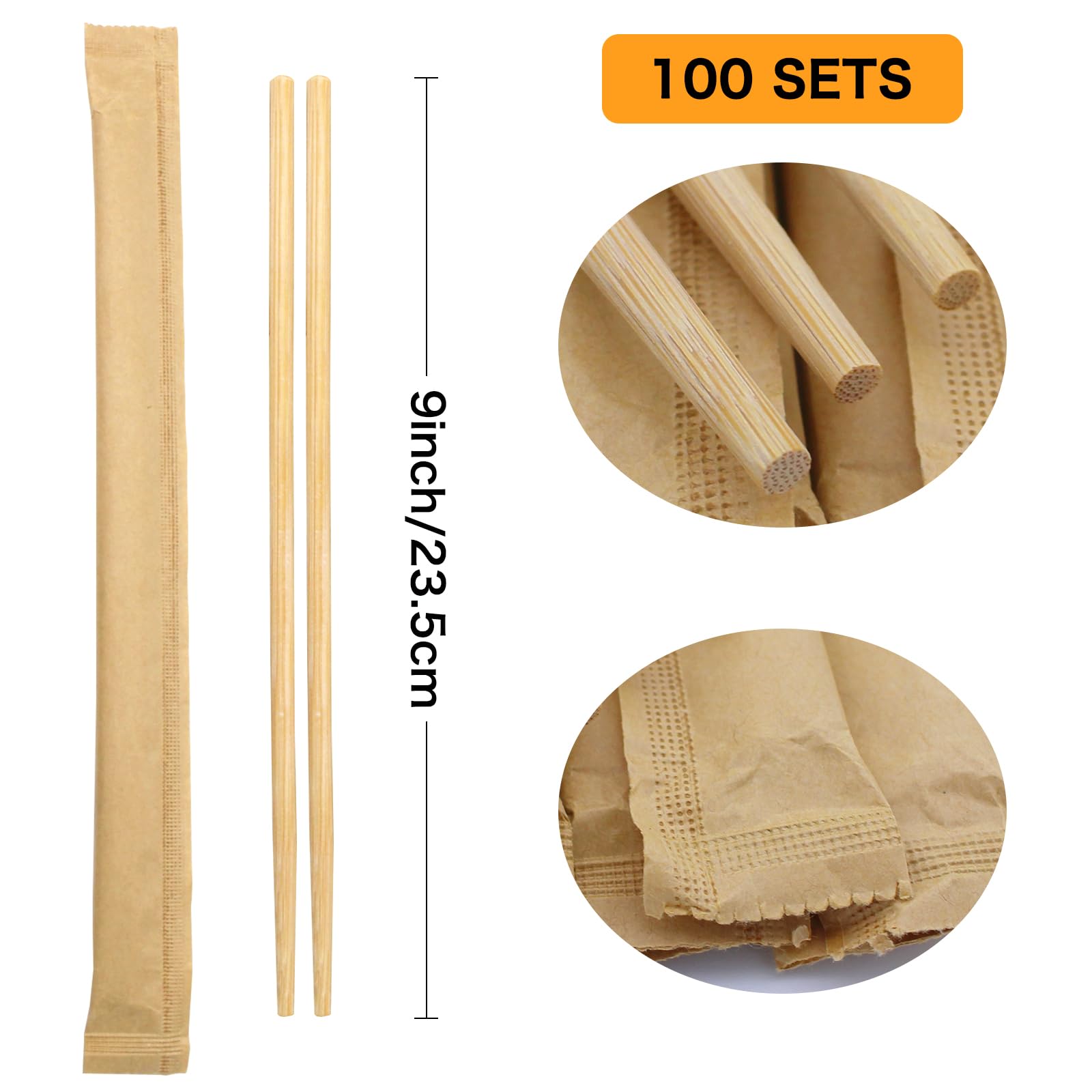 Sugormek Disposable Bamboo Chopsticks (Approx.100 sets),Japanese Chopsticks,9.25'' Long Chopsticks Disposable,Individually Full Kraft Paper Wrapped Chinese Chopsticks