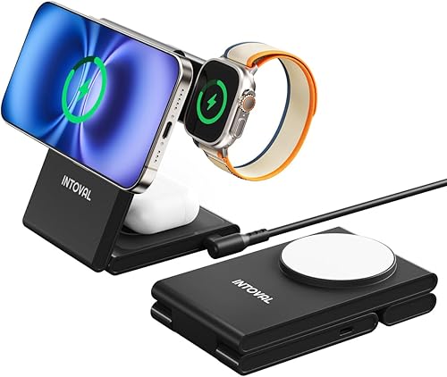 Intoval Estación de carga magnética 3 en 1, base de carga plegable de viaje para Magsafe iPhone 16 a 12 (PlusProPro Max), Apple Watch y AirPods,