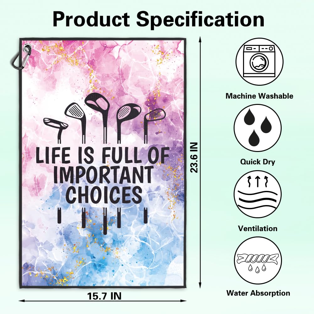 Msticey Life is Full of Important Choices Printed Microfiber Golf Towel with Clip, Golf Gifts for Mom Grandma Wife, Mother's Day Golfer Birthday Retirement, Golf Accessories for Men Women Golf Coach