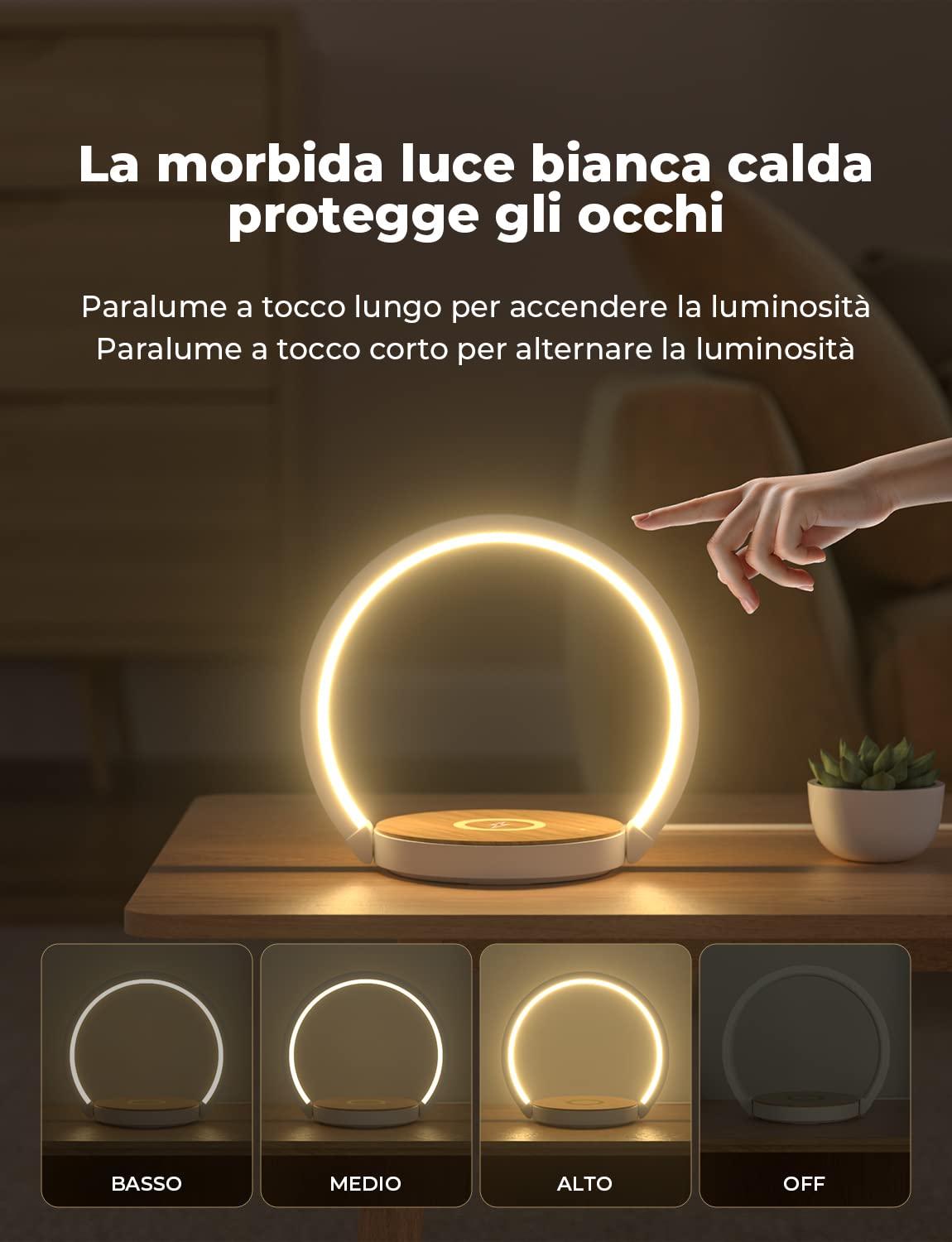 Ricarica Wireless con Lampada da Tavolo, Luce LED 3 Livelli Touch Control, Braccio Regolabile Luce Notturna, Compatibile con iPhone 8 e serie Successive