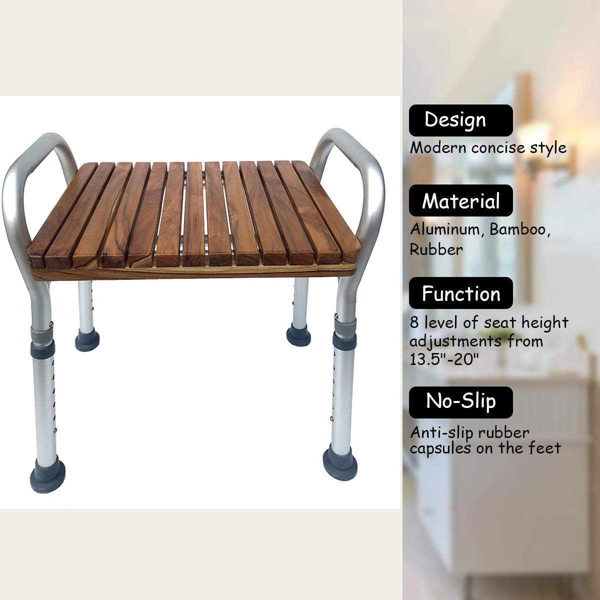 Regulowane siedzisko prysznicowe z uchwytami, nogi ze stopu aluminium, nośność 158 kg, stołek kąpielowy dla osób starszych i dorosłych, luksusowy design