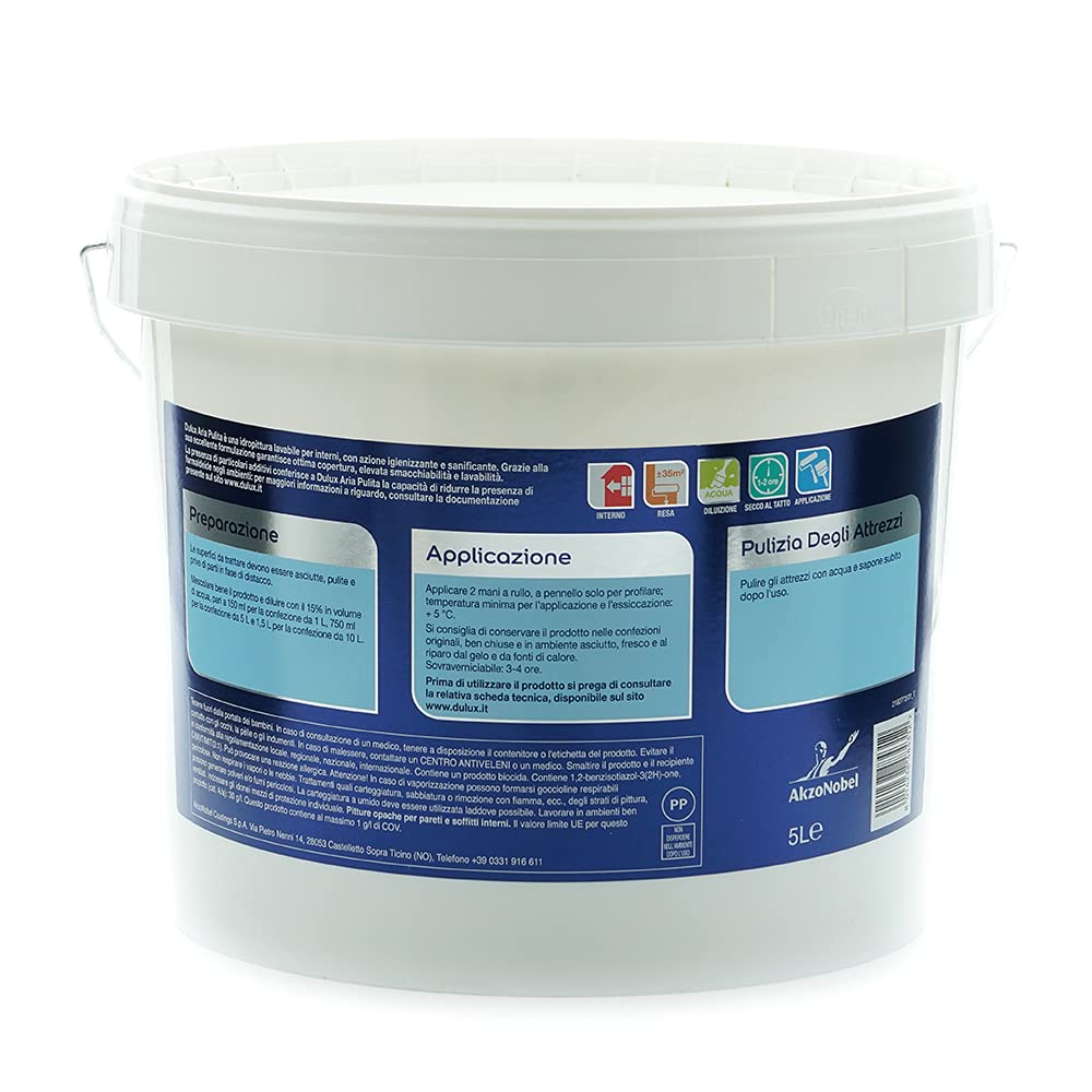 Dulux Aria Pulita Pittura per Interni all'Acqua con Formula Anti Inquinamento e Anti Formaldeide, 5 Litri, Bianco, 5L